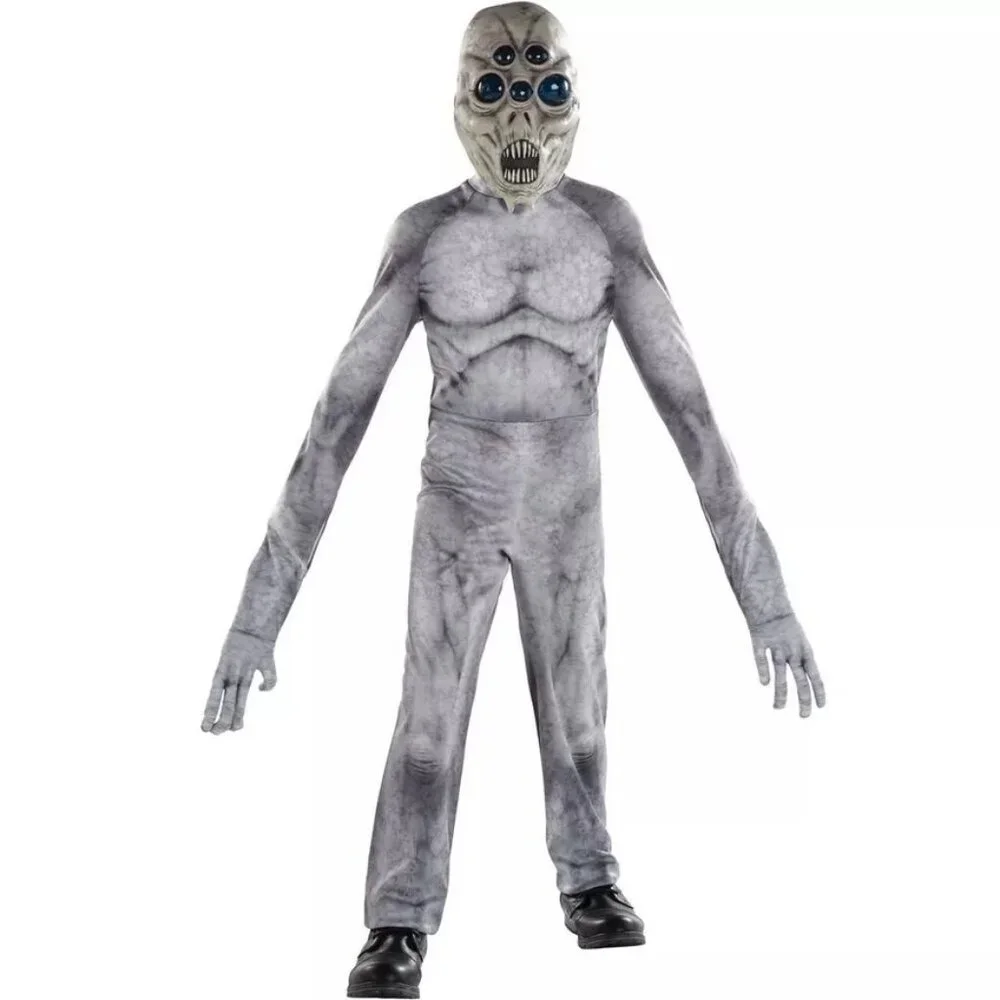Illusion Grey Long Arm Alien Costume Scary Eyes Teeth Mask Halloween Gray Kids L